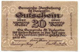 Банкнота 20 геллеров 1920 года Австрия  Санкт-Валентин (нотгельд)