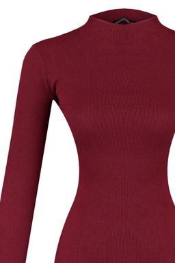 Bordo Vucuda Oturan Y?rtmacl? Bisiklet Yaka Midi Fitilli Esnek Orme Kalem Elbise TWOAW21EL0135