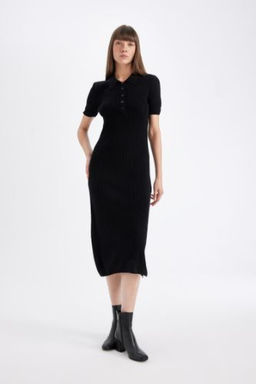 Bodycon Vucuda Oturan Basic Duz Dugmeli Polo Yaka Fitilli Kaskorse Yar?m Kollu Midi Siyah Elbise