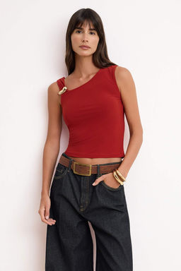 Kiremit Fitted/Vucuda Oturan Asimetrik Yaka Aksesuar Detayl? Esnek Orme Bluz TWOSS26BZ00187