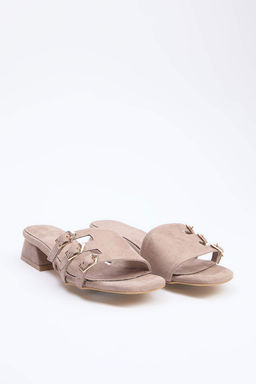 Vizon Nubuk Gold Tokal? Kad?n 3 cm Blok Topuklu Terlik TAKSS25TO00036