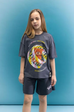 K?z Cocuk Oversize Genis Kal?p Bisiklet Yaka 3D Bask?l? K?sa Kollu Tisort