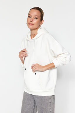 Ekru Kal?n Ici Polarl? Oversize/Genis Kal?p Kapusonlu Basic Orme Sweatshirt TWOAW24SW00103