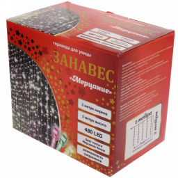 Гирлянда для улицы ЗАНАВЕС "Мерцание" ш2* в3,0 м 480 ламп LED, прозрач.пров,1 реж.,IP-54, Мультицвет, белый мерцает (возможность соединения)