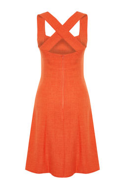 Turuncu A-Kesim Kare Yaka Mini Dokuma Elbise TWOSS23EL01549