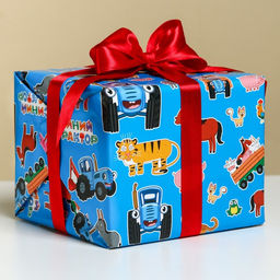 Цена за 10 шт. Бумага упаковочная глянцевая, Синий трактор, 70х100 см