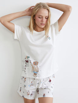 Bisiklet Yaka Bask?l? Kad?n ?ortlu Pijama Tak?m?