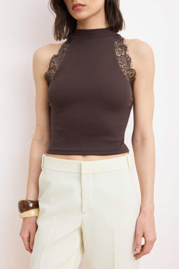 Kahverengi Fitted/Vucuda Oturan Halter Yaka Dantel Detayl? Fitilli Esnek Orme Bluz TWOSS26BZ00663 - Trendyolmilla фото 3