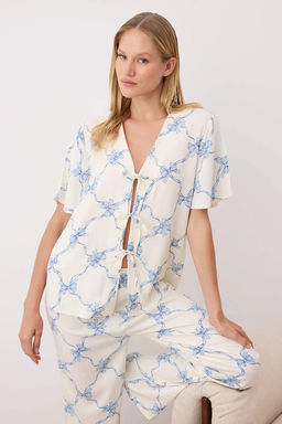 Mavi-Cok Renkli Bask?l? Shally Dokuma Pijama Tak?m? THMAW26PT00109 - Trendyolmilla фото 2