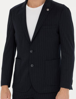 Lacivert Ekstra Slim Fit Y_n Kar___ml_ _izgili Tak_m Elbise
