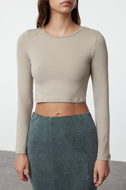 Vizon Poliamid Fitted/Vucuda Oturan Uzun Kollu Bisiklet Yaka Orme Bluz TWOAW25BZ00010 - Trendyolmilla фото 4