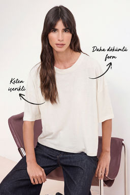 Bej Melanj Relaxed/Rahat Kal_p K_sa Kollu Ketenli D_k_ml_ _rme T-Shirt TWOSS26TS00093