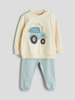Bisiklet Yaka Bask?l? Erkek Bebek Sweatshirt ve E?ofman Alt 2li