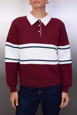 Bordo Renk Bloklu Polo Yaka Oversize/Genis Kal?p Orme Sweatshirt TWOAW26SW00119 - Trendyolmilla фото 3