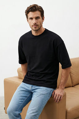 Siyah Loose/D___k Omuz %100 Pamuklu Basic T-Shirt TMNSS25TS00162
