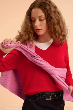 Relax Fit Yumusak Dokulu V Yaka Basic Duz Triko Kazak - Defacto фото 5