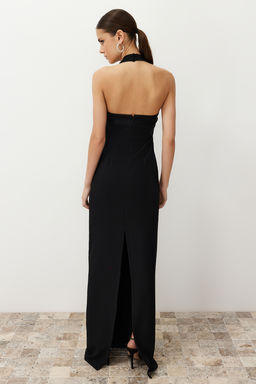 TRENDYOLMILLA Mavi Vucuda Oturan Degaje Yaka Dokuma Uzun S?k Abiye Elbise TPRSS24AE00083 фото 14