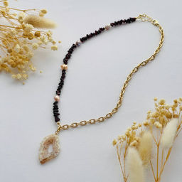 Колье из Граната и Жемчуга на цепочке с кулоном из Агата 47 см +