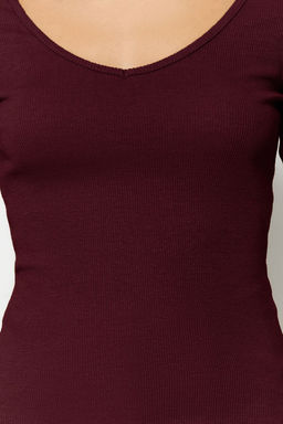 Bordo-Tas 2li Paket V Yaka Fitted/Vucuda Oturan Pamuklu Esnek Orme Bluz TWOAW24BZ00068