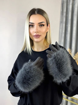 Утепленные женские перчатки с мехом , цвет серый - Greta фото 3