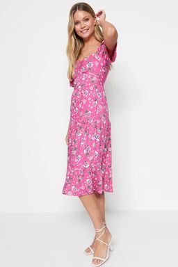 Pembe A Kesim Balon Kollu Cicek Desenli Midi Dokuma Elbise TWOSS20EL2323