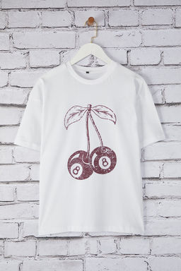 TRENDYOLMILLA Lacivert Kiraz Bask?l? Oversize/Genis Kal?p Orme T-Shirt TWOSS25TS00122  фото 11