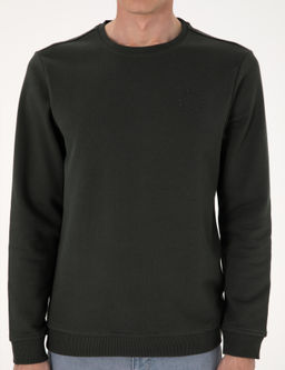 Koyu Ye_il 3 _plik Regular Fit Bisiklet Yaka Basic Sweatshirt