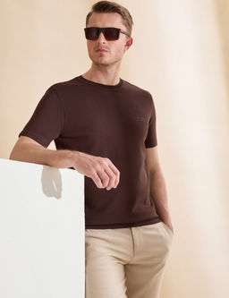 Koyu Kahverengi Slim Fit Bisiklet Yaka Triko Ti__rt
