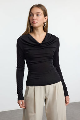 Trendyolmilla Siyah Degaje Yaka Vucuda Oturan Esnek Uzun Kol Buzzy Orme Bluz TWOAW25BZ00252