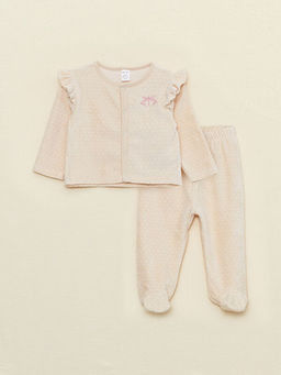 Bisiklet Yaka Uzun Kollu Nak?? Detayl? K?z Bebek H?rka ve Pantolon 2li Tak?m