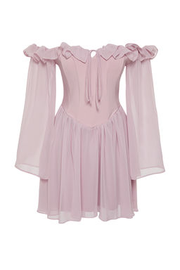 TRENDYOLMILLA Bridal Ekru A-Kesim Astarl? Volanl? Dokuma Sifon K?sa Dugun/Nikah S?k Abiye Elbise TPRSS23EL00096 фото 7