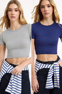 Lacivert-Gri Melanj 2li Paket Crop Viskoz/Yumusak Kumas Esnek Orme Bluz TWOSS23BZ00108