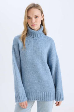 Oversize Genis Kal?p Bal?kc? Yaka Basic Duz Triko Kazak Tunik