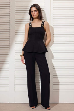 Siyah Kare Yaka Tasl? Peplum Triko Ince Bluz TWOSS26BZ00295