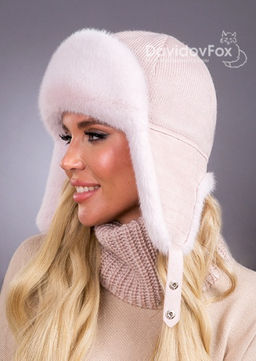 Шапка Ушанка трикотаж экомех дымчатая роза