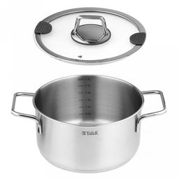 Кастрюля из нержавеющей стали "Сascade" 3л, д20см, h10,5-15см, s0,6мм, дно д18,5см, s2,9мм, стеклянная крышка со стальным ободом и сливом, пароотовод, капсулированное дно, полировка внешняя - матовая, внутренняя - матовая, ручки из нержавеющей стали