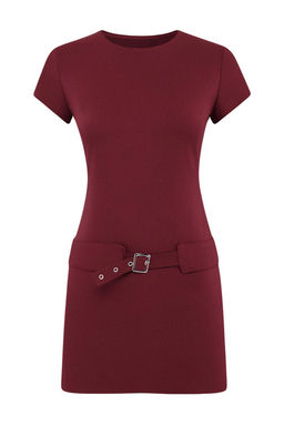 Bordo Kemerli K?sa / Mini Dokuma Elbise TWOSS26EL00057