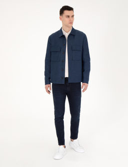 Lacivert Regular Fit Keten Kar___ml_ D__meli Ceket