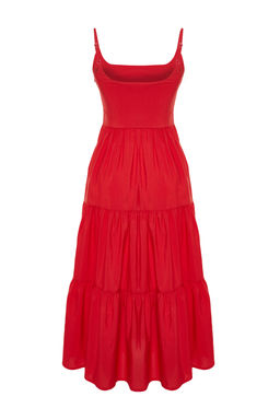 TRENDYOLMILLA K?rm?z? Etegi Belden Ac?lan Pamuk Kar?s?ml? Maxi Dokuma Elbise TWOSS24EL00386  фото 10