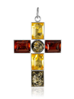 Яркий декоративный крестик, украшенный янтарём разных оттенков