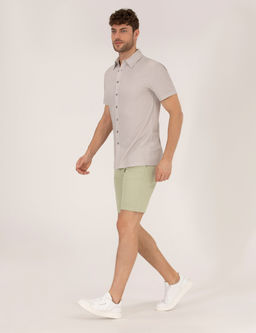 A__k Ye_il Slim Fit Keten Kar___ml_ Beli Lastikli Bermuda _ort