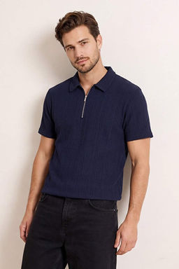 Lacivert Regular Fermuarl_ Dokulu _rme Polo Yaka T-shirt TMNSS26PO00019