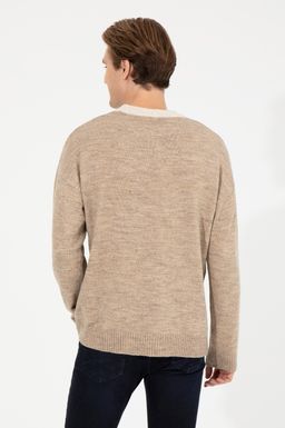 U. S. Polo Assn Мужской светло-коричневый меланжевый трикотажный свитер с круглым вырезом - U.s. polo assn фото 5