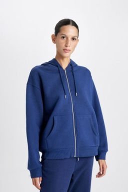 Relax Fit Kapusonlu Cepli Basic Duz Fermuarl? Sweatshirt