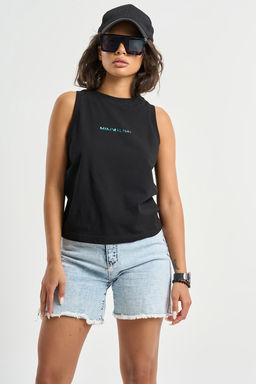 Топ трикотажный хлопковый без рукавов с принтом черный