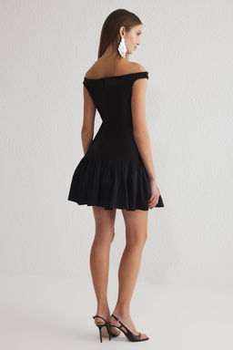 Siyah A-Kesim Carmen Yaka Dokuma K?sa Abiye Gece Mezuniyet Elbisesi TPRSS25EL00139 - Trendyolmilla фото 5