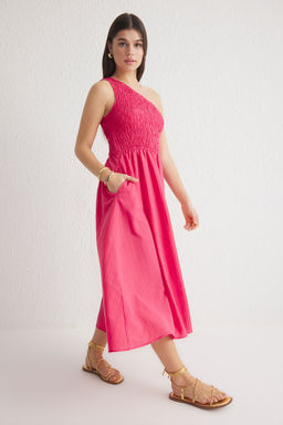 TRENDYOLMILLA Kahverengi Belden Ac?lan Ust Bedeni Gipeli Tek Omuz Midi Dokuma Elbise TWOSS23EL01830  фото 34