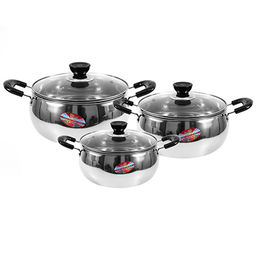 "Чебурашка" Набор кастрюль из нержавеющей стали 3 штуки: 15,5х8,3см 1,6л; 17,5х8,8см 2,2л; 19,5х9,6см 3л, крышки стеклянные, ручки-кнопки и ручки бакелитовые, сферическая форма, без теплораспределительного дна, цветная коробка (Китай)