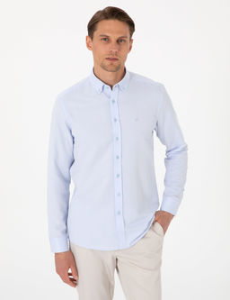 A__k Mavi Oxford Slim Fit Kolay _t_lenebilir G_mlek