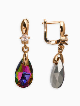 Серьги со стразами «Иллюзион» капля на овале, бело-бензиновые в розовом золоте